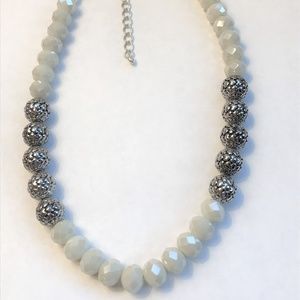 Cream Fire-Polish and Silver Bead Necklace